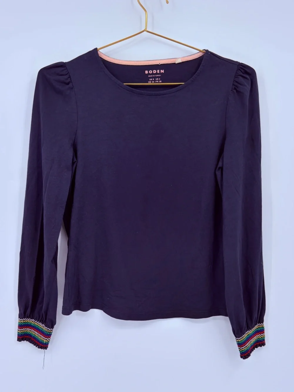 Boden Navy Long Sleeve Top Puff Shoulder Rainbow Cuff Cotton Modal Size US 4